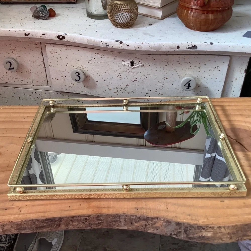 Vintage Dressing Table Brass Mirrored Vanity Tray